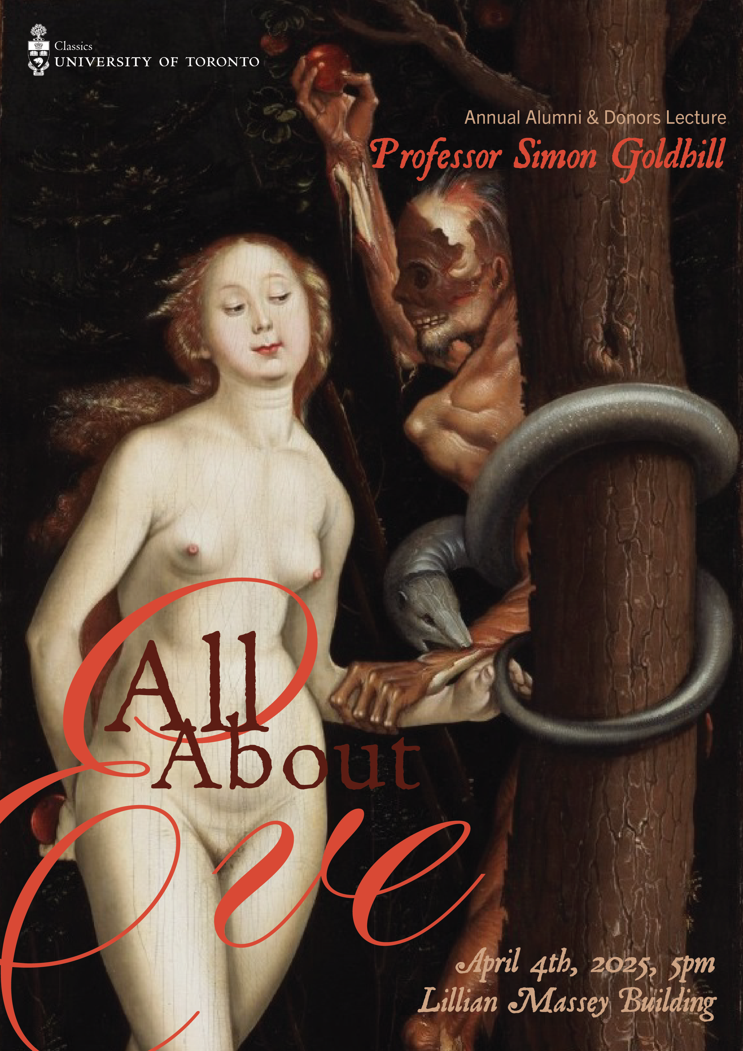Hans Baldung's painting "Eve, the Serpent and Death," showing Eve being grabbed by a skinless man next to a serpent coiled around a tree.