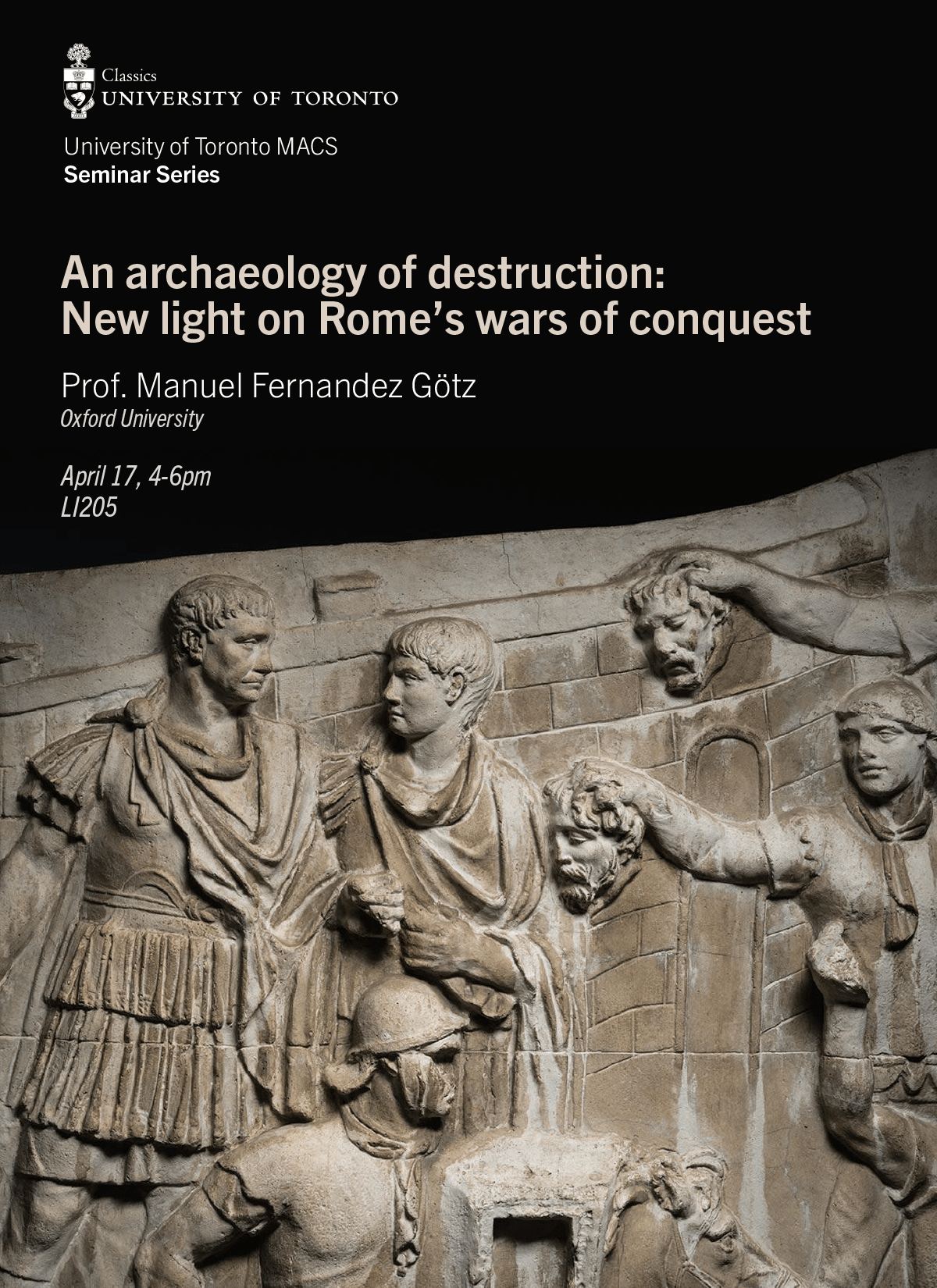 Poster of event, showing marble-dust bust of Trajan receiving severed enemy heads.