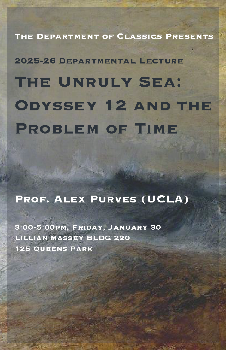 Poster advertising Alex Purves' talk. Text with time and date is overlayed on top of a John Turner painting of a crashing wave.