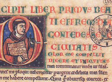 Medieval manuscript showing a monk holding a written text artifact.